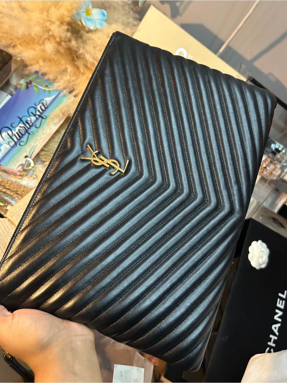 Yves Saint Laurent Black Quilted Leather Envelope Clutch with Gold YSL Emblem - Picture 1 of 13
